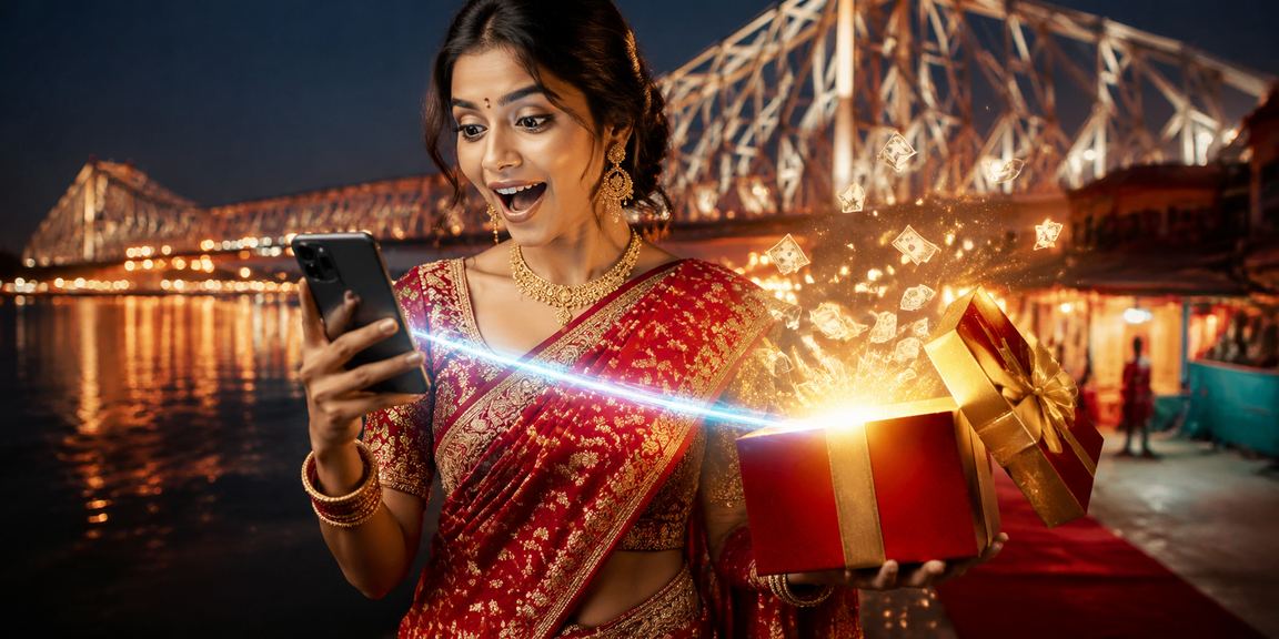 Mobile payments near Howrah Bridge in Kolkata with saree culture